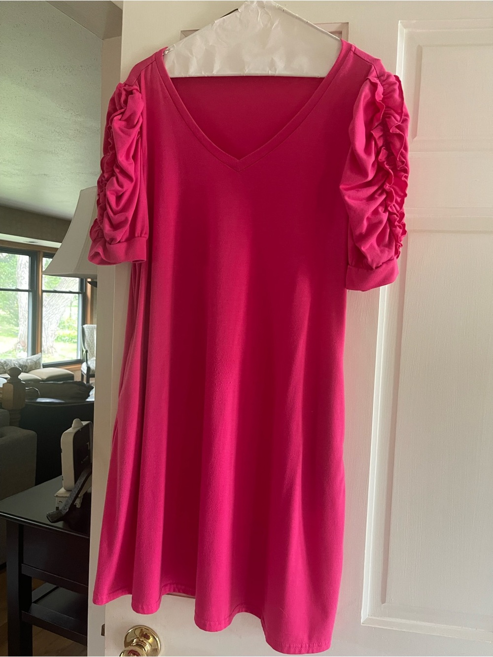 Women’s V-Neck Ruched Sleeve Dress - Hot Pink Size L.